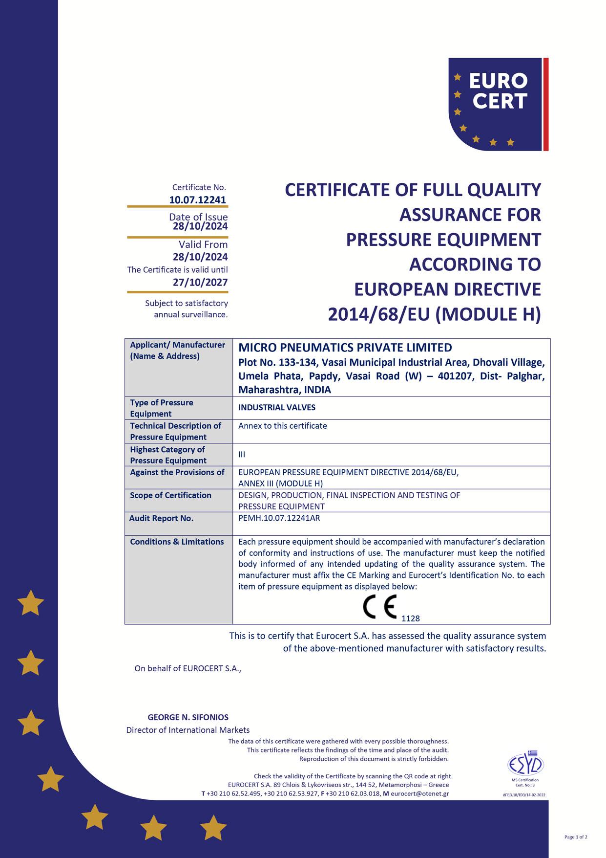 CE CERTIFICATE PED BALL AND BUTTERFLY
