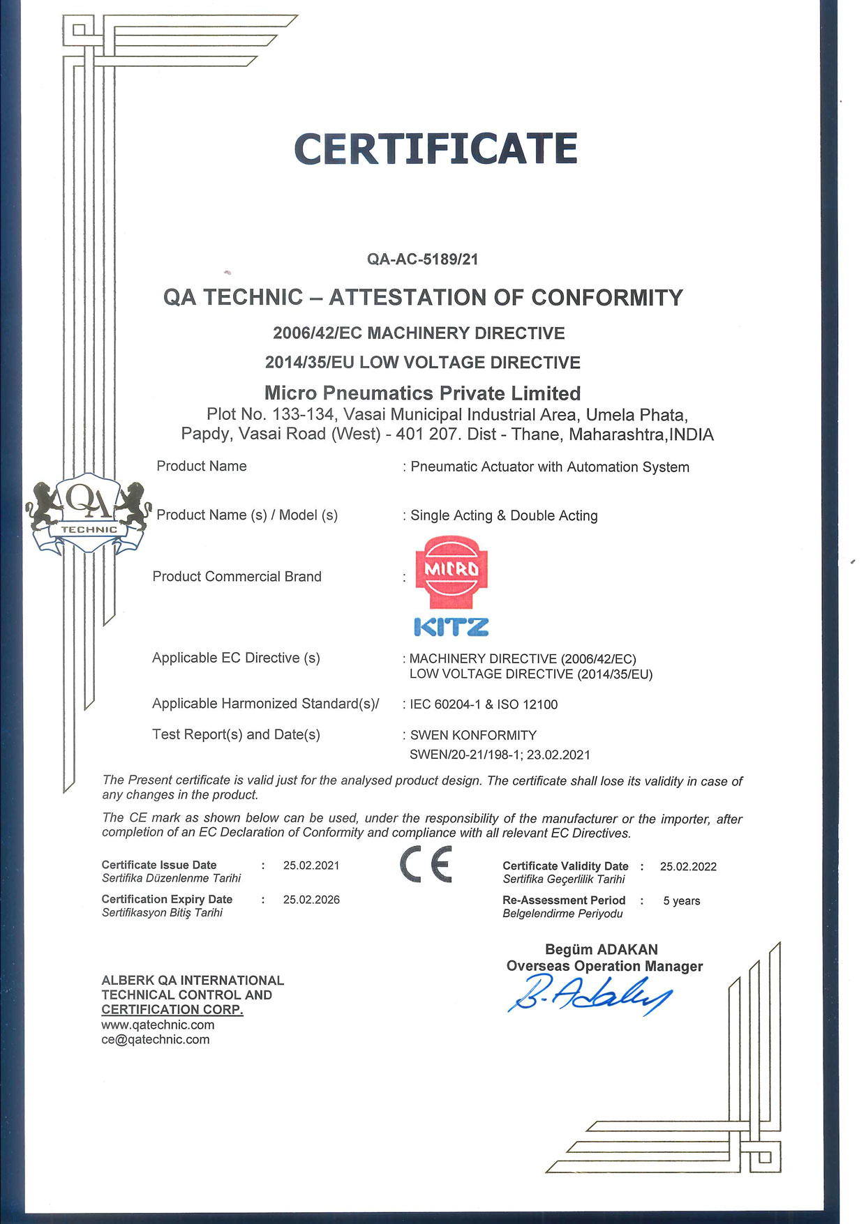 CE Certificate for actuator