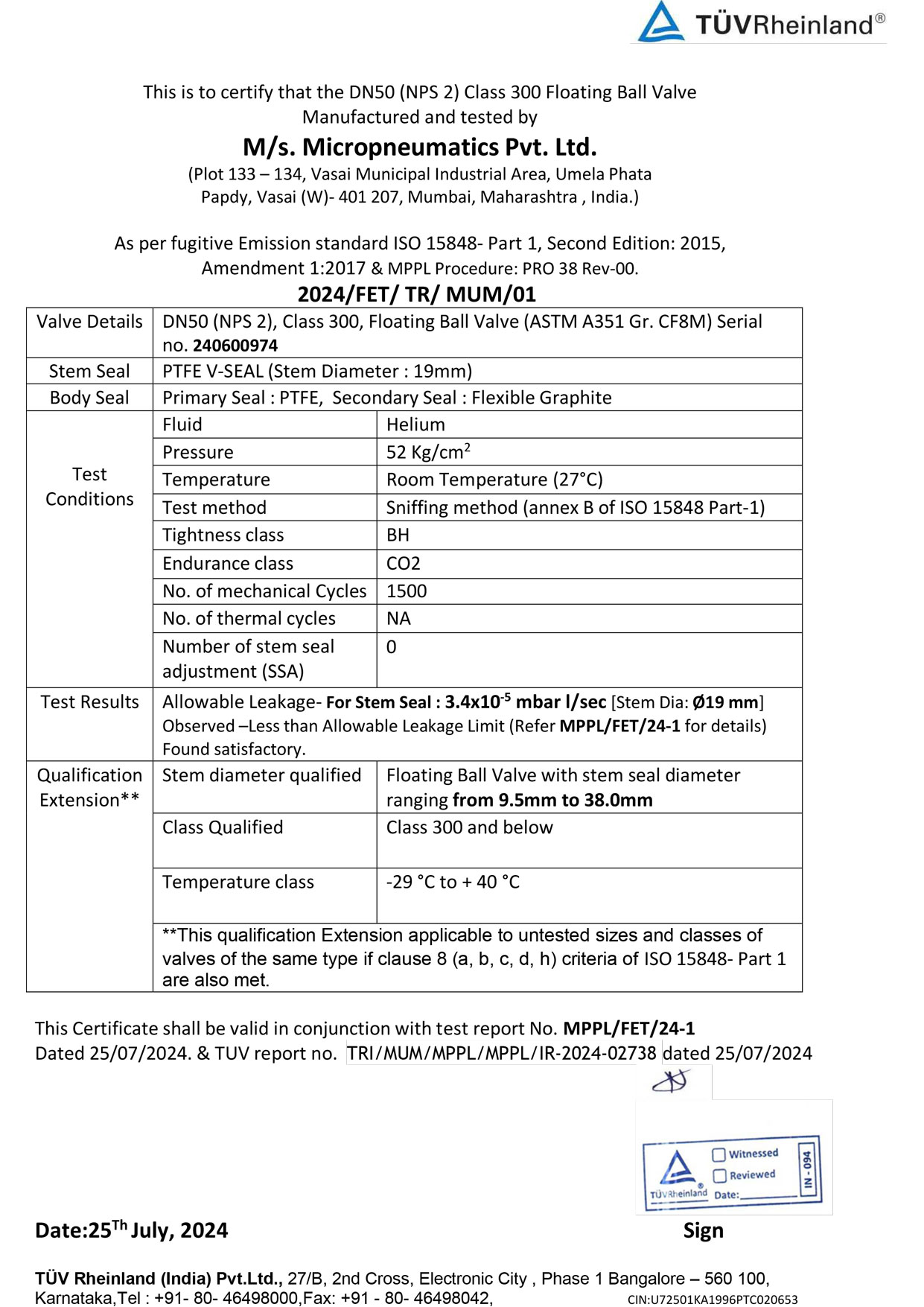 FET certificate-Ball Valve 300# (ISO15848-1)