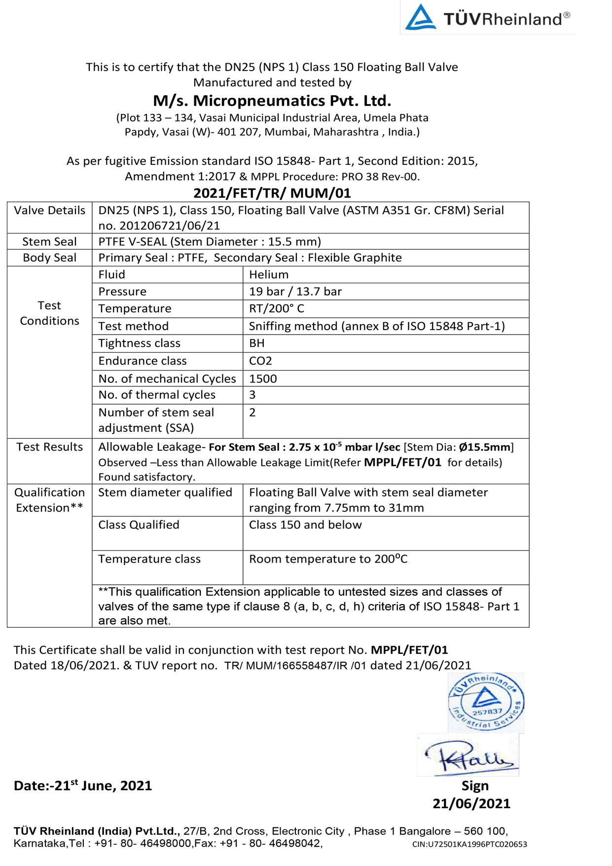 FUGITIVE EMISSION TYPE TEST-CERTIFICATE (ISO-15848-1)