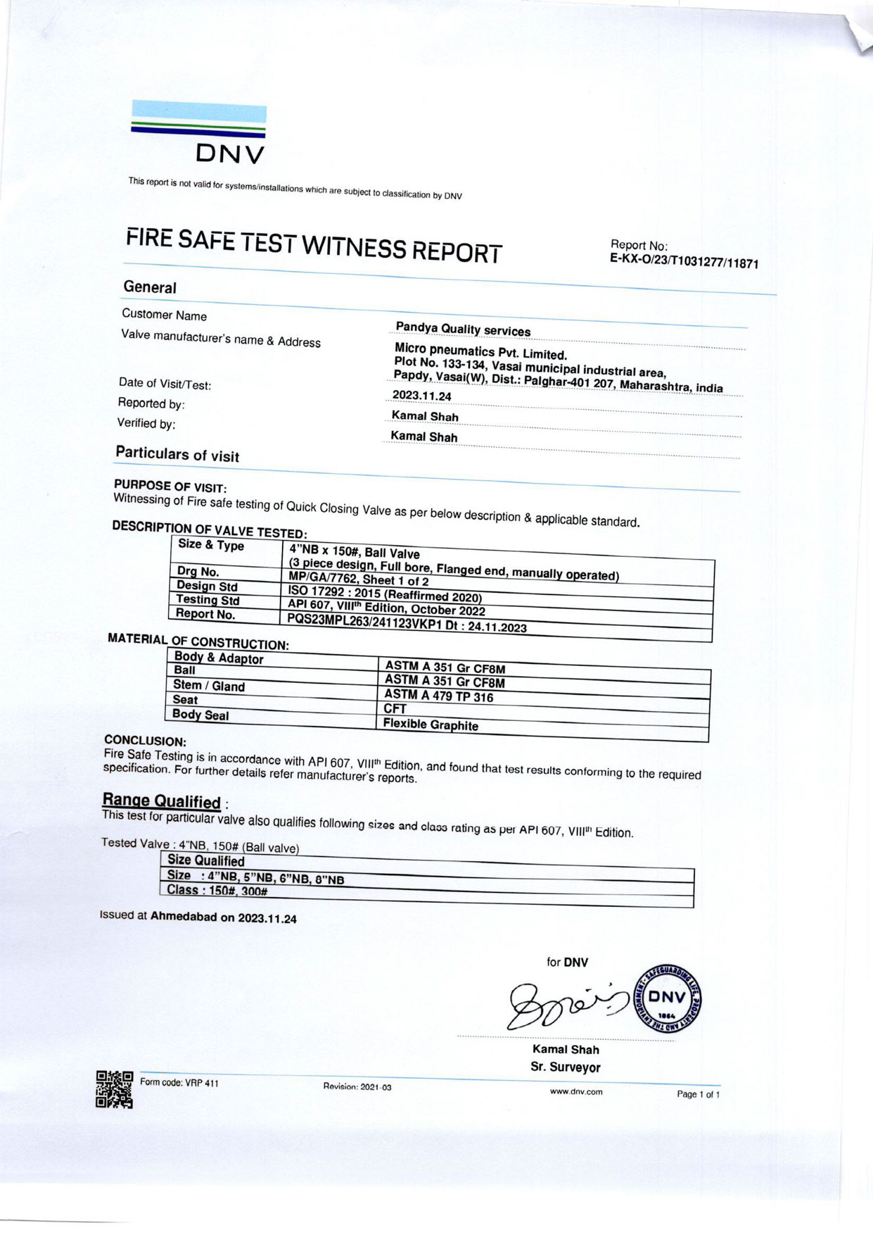Fire testing API 607- Cavity Filled Ball Valve