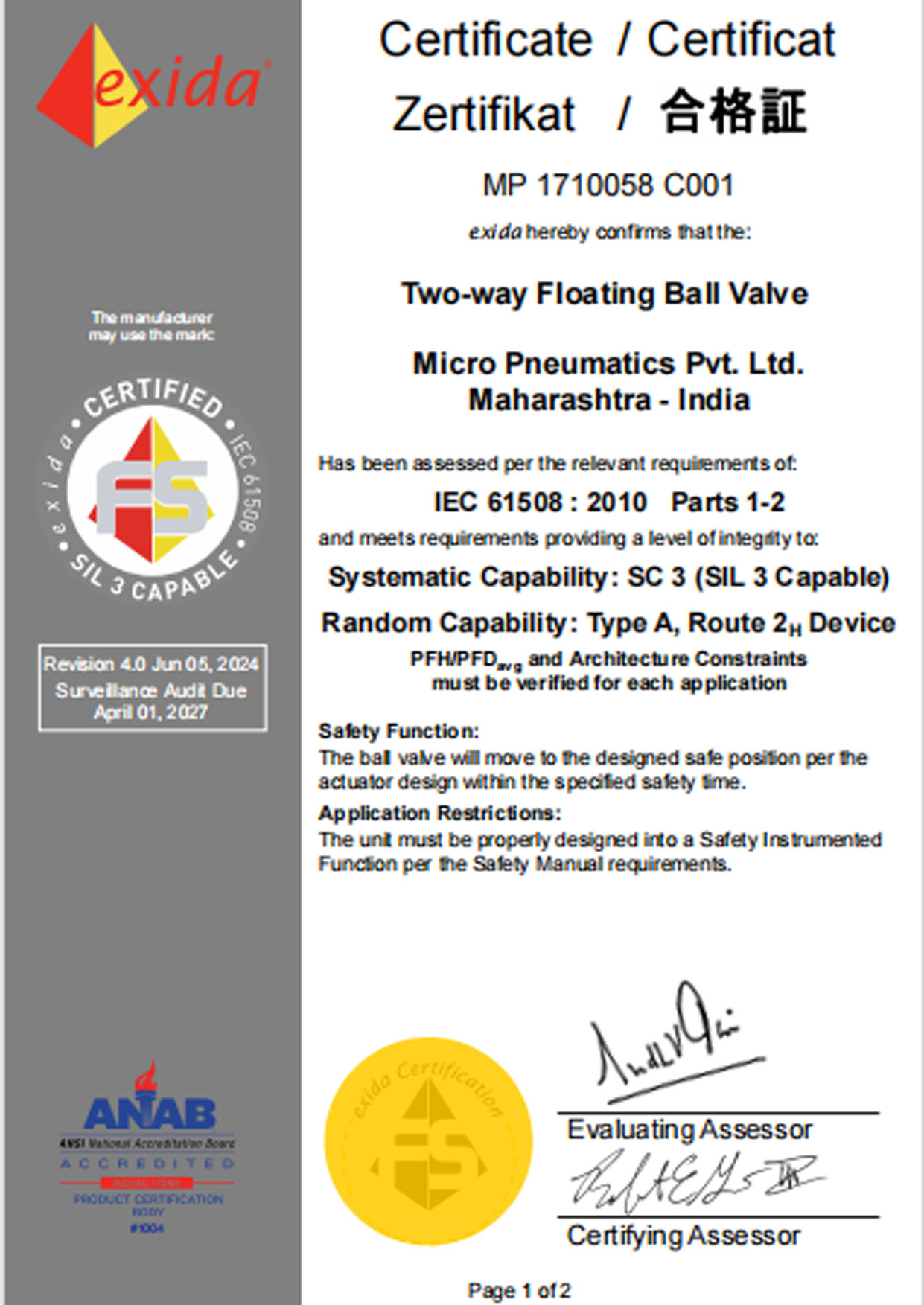 MP 17-10-058 C001 R4.0 Floating Ball Valve Certificate