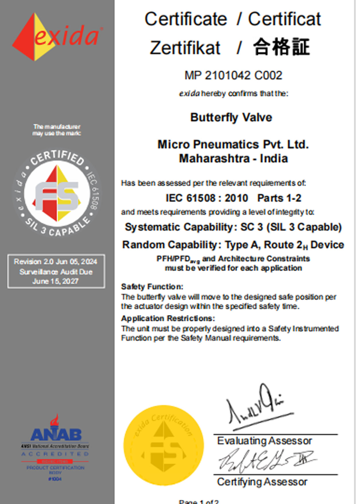 MP 21-01-042 C002 R2.0 Butterfly Valve Certificate