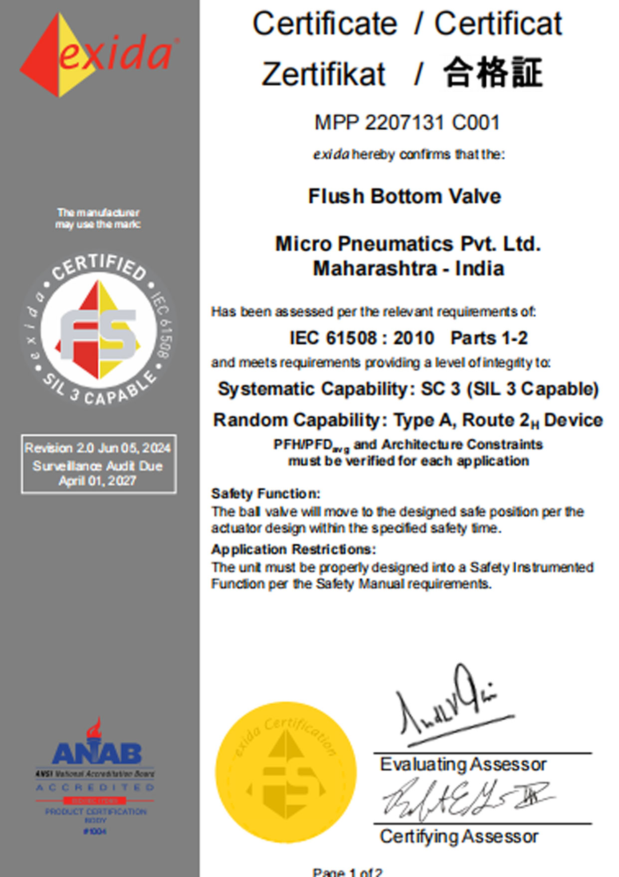 MPP 22-07-131 C001 R2.0 Flush Bottom Valve Certificate