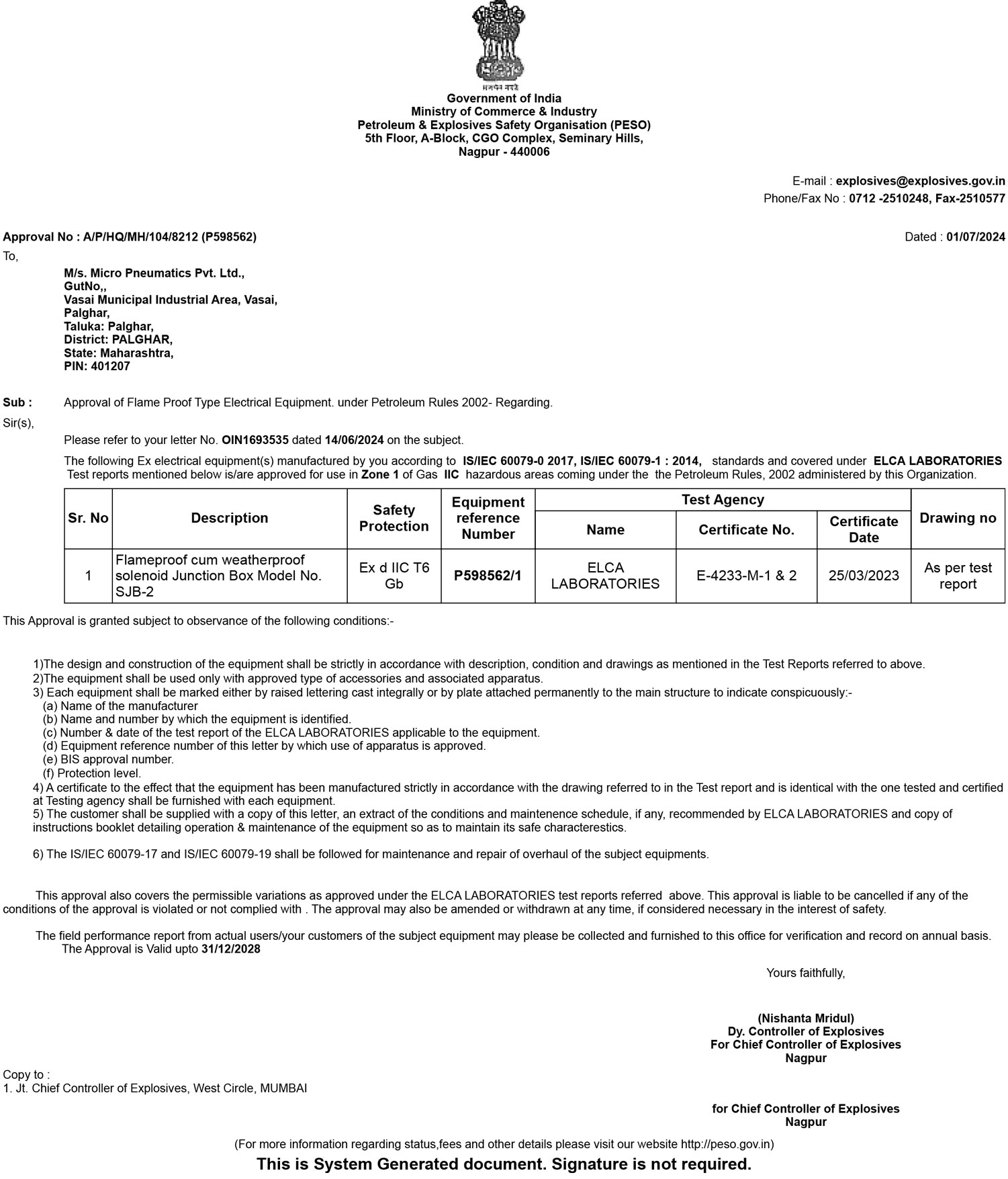PESO CERTIFICATE FOR FP COIL